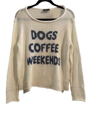 WOODEN SHIPS Cream Open-Knit Sweater with Navy 'Dogs Coffee Weekends' Size XS/S
